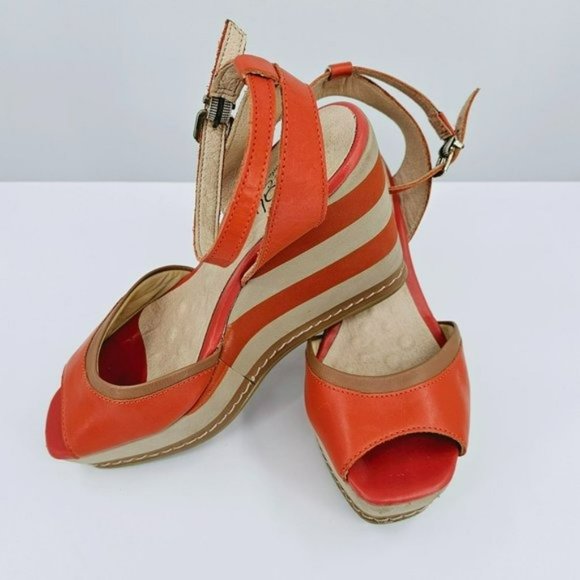 Malu Wedge Sandals 10 Super Comfort Orange Tan Stripe Tall Open Toe Ankle Straps - Picture 12 of 13